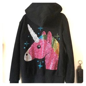 Girls Black Zip up Unicorn Hoodie